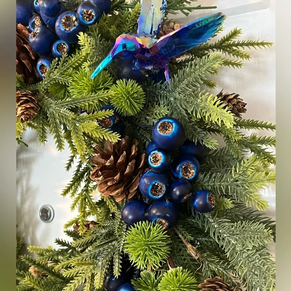 Hand Crafted Mixed Pine Blueberry Hummingbird Wreath Natural Touch Pine 18” Dia